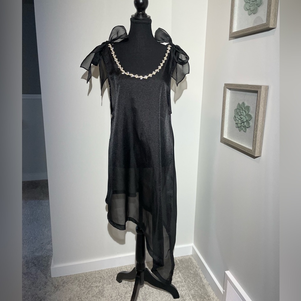 Anthropologie Maeve Asymmetrical Sheer Dress with Bow/Pearl/Rhinestones NWT!